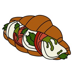 cartoon Croissant with tomato, basil and cheese. delicious snack with caprese. comic isolated illustration, trendy design for cafe menu or logo.