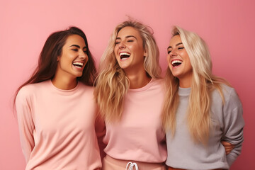 Three female friends in wearing sport clothes, laughing happily on pink background. Generative Ai