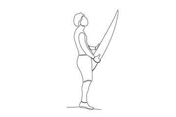 A boy surfing on the beach. Summer one-line drawing