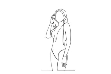 A woman wearing beach clothes. Summer one-line drawing