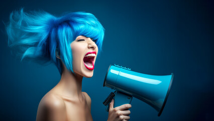 Happy beautiful young caucasian woman wielding megaphone. Isolated on blue studio background. Self promotion of small business, advertising, SMM, PR, Marketing themes. 16:9