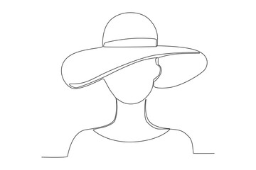 A woman wearing a beach hat. Summer one-line drawing