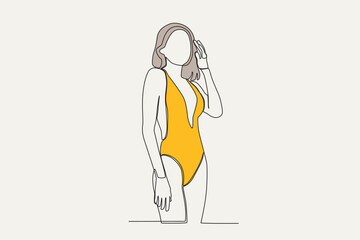 Color illustration of a woman wearing beach clothes. Summer one-line drawing