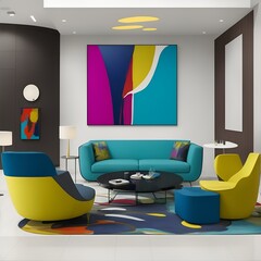 Colourful modern living room with sofa created using generative AI.
