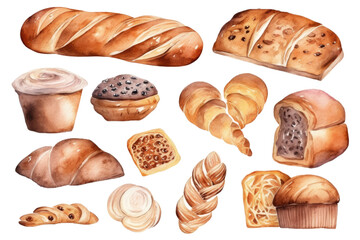 Watercolor bakery breads products isolated on white background, various breads in cafe shop, Delicious buns, pancake, and others baked, with Generative Ai.