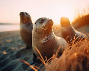 seal / sea lion resting on rocks at the beach during golden hour - Generative AI