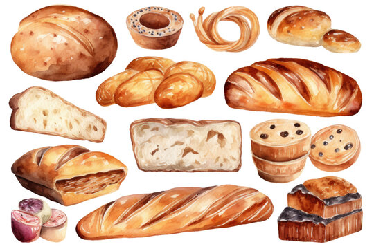 Watercolor bakery breads products isolated on white background, various breads in cafe shop, Delicious buns, pancake, and others baked, with Generative Ai.