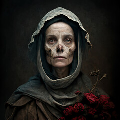 A woman with a skull on her face and red roses in the background, generative ai technology
