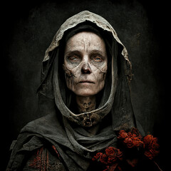 A woman with a white face and a black hood with a skull on it