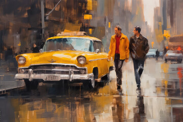 oil painting on canvas, street view of New York, mans, yellow taxi, modern Artwork, American city, illustration New York (ai generated)