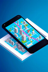 Generative AI illustration of City map route navigation online on smartphone with point locator, City isometric plan with road and buildings