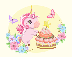 A painted cute pink baby unicorn with a cake, flowers and butterflies.  Drawing in cartoon style. Template design for baby shower, birthday, party, greeting card, invitation. Vector illustration.