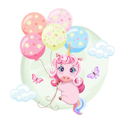 Drawing of a cute pink baby unicorn flying on balloons background of sky, clouds, and butterflies. Drawing in cartoon style. Template design for baby shower, birthday, party, greeting card, invitation