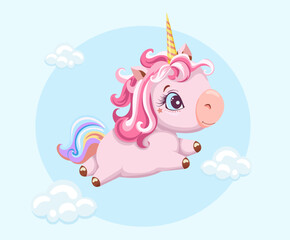 Cute cartoon pink unicorn flying in the clouds. Drawing vector illustration. Baby shower template, greeting card, poster, print, paper, scrapbooking. 