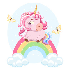 Cute painted pink baby unicorn dreaming on rainbow in the clouds with butterflies. Template design for greeting card, baby shower, greeting, birthday, poster. Vector illustration.