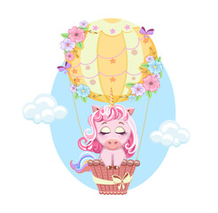 Cute cartoon pink unicorn flying on a balloon in clouds with butterflies. Kids cover template. Drawing vector illustration. Baby shower template, greeting card, poster, print, paper, scrapbooking. 