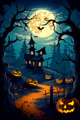 Illustration of a halloween castle in a mystical spooky forest. Pumpkin at the Halloween castle on a full moon. Halloween background. Generated AI