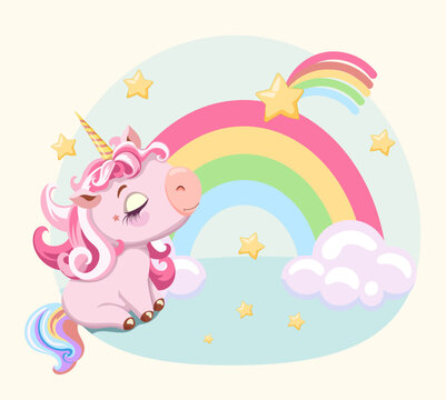 Painted cute pink baby unicorn dreaming looking rainbow and star. Cartoon style drawing. Template design for baby shower, birthday, party, greeting card, invitation. Vector illustration.  