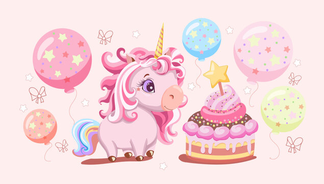 Painted cute pink baby unicorn with cake, bows and balloons. cartoon style. Template design for baby shower, birthday, party, greeting card, invitation. Vector illustration © Ольга Федоренко