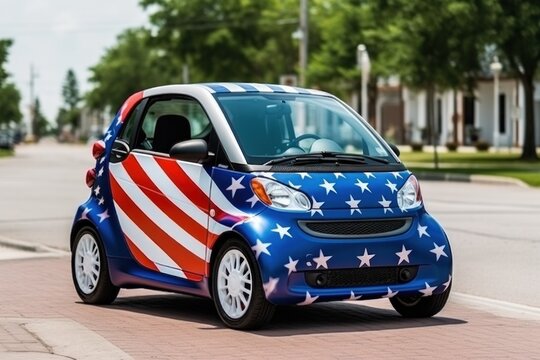 Electric car on the street of a city, painted in the colors of the American flag Generative AI