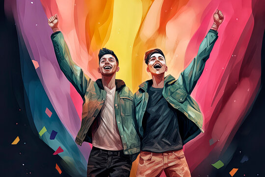 Generative AI illustration of Portrait of two gay men in love and very excited in the streets city