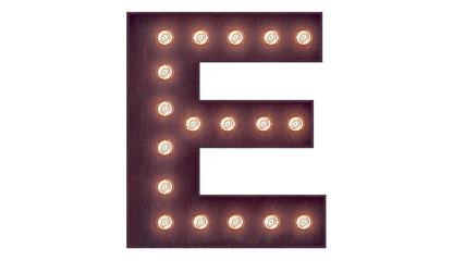 Light bulb glowing letter alphabet character E font. Front view illuminated capital symbol on transparent background. 3d rendering illustration. casino letters.