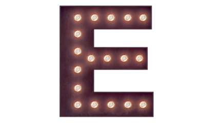 Light bulb glowing letter alphabet character E font. Front view illuminated capital symbol on transparent background. 3d rendering illustration. casino letters.