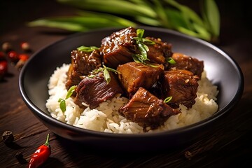 Filipino Marinated Meat Dish Served Over Rice, Restaurant Photo, Generative AI