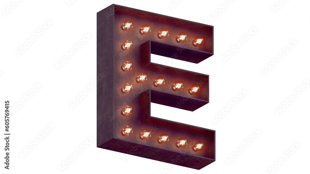 Fototapete light bulb glowing letter alphabet character e font. perspective view illuminated capital symbol on 