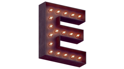 Light bulb glowing letter alphabet character E font. Perspective view illuminated capital symbol on transparent background. 3d rendering illustration. casino letters.