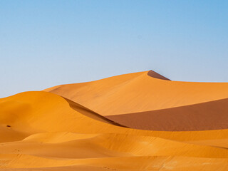 Fototapeta na wymiar Sharp lines of red sand dunes contrasted by blue sky copy space in Namib Desert, Namibia, Africa.