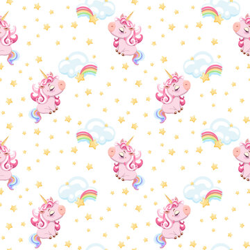 Seamless patterned background drawn cartoon cute pink unicorns, rainbows, clouds, stars . Holiday texture design for fabric, print, cover, paper, packaging, baby shower, card. Vector illustration.
