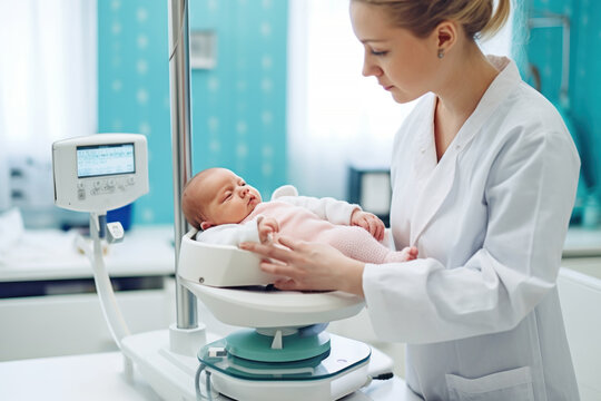Doctor examining newborn baby in hospital. Generative AI.