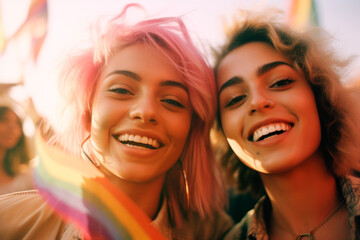 Fototapeta premium Group of Best Friends are Waving Rainbow Flags Smiling and Showing Happiness where people are Attending to the Gay Pride. generative ai