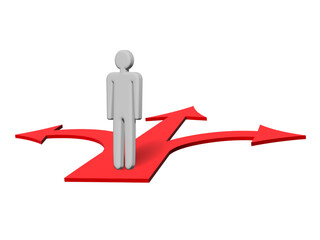 Three-way arrow icon. A man stands on Arrows pointing in different directions. Choice, option, opportunity, split, road, choose, business success concept. Goal setting, choosing alternative path.