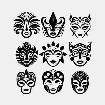 Set of african tribal masks. Collection of different indian, aztec mask on white background