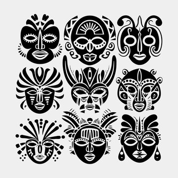 Set of african tribal masks. Collection of different indian, aztec mask on white background