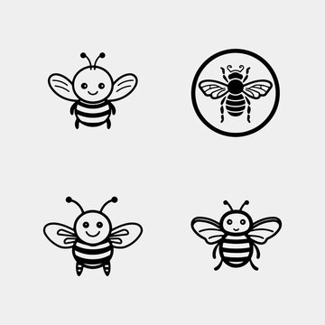set o fCute friendly bee. Cartoon happy flying bee with big kind eyes. Vector isolated on white