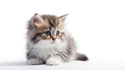 Curious Gaze: Fluffy Kitten Charm on a White Background, created with Generative Al technology.