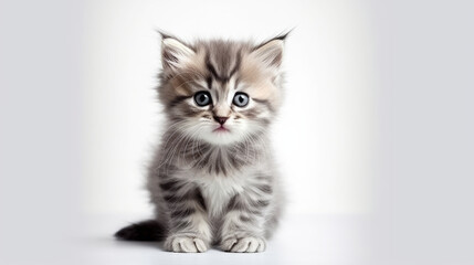 Obraz premium Curious Gaze: Fluffy Kitten Charm on a White Background, created with Generative Al technology.