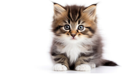 Curious Gaze: Fluffy Kitten Charm on a White Background, created with Generative Al technology.