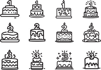 Cute birthday or wedding or anniversaries cake vector line art  set with numbers on top 