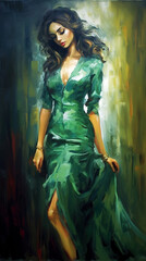 Fototapeta na wymiar A painting of a woman wearing an elegant beautiful green dress . Generative AI