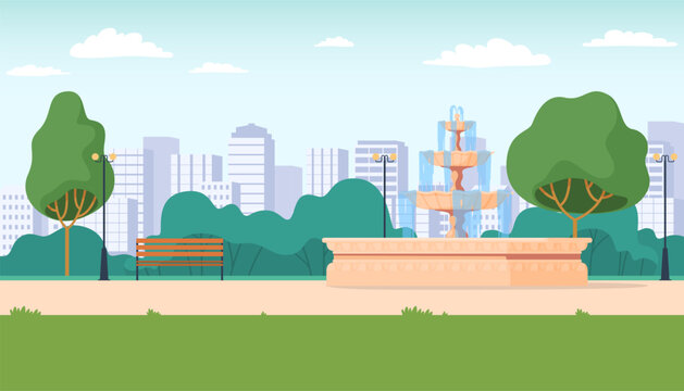 City park with a fountain. A beautiful place for leisure and walks. Vector illustration