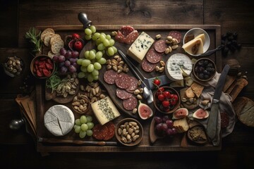 Obraz na płótnie Canvas Assorted meats, cheeses, & appetizers on a dark wood tray (top view). Generative AI