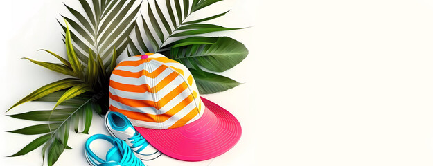 Hat and sandals with green leaves. Wallpaper. Generative AI