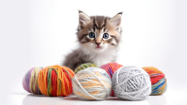 Yarn Frolic: Kitten's Playful Charm on a White Background, created with Generative Al technology.
