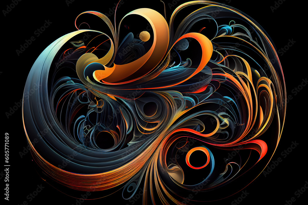 Poster colored abstract round curves and lines on black background. generative ai