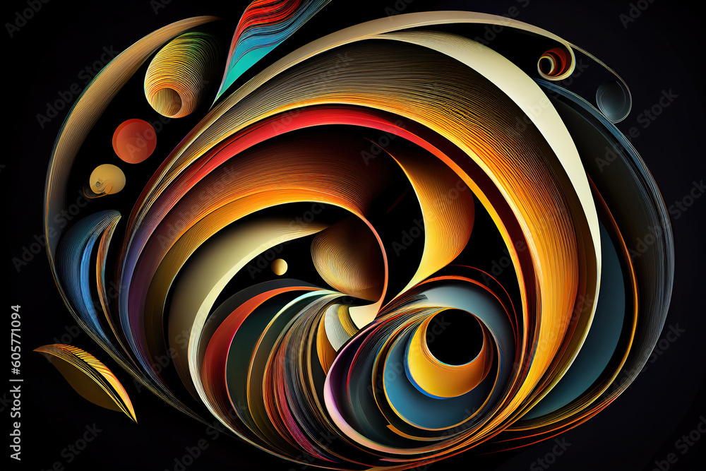 Poster colored abstract round curves and lines on black background. generative ai