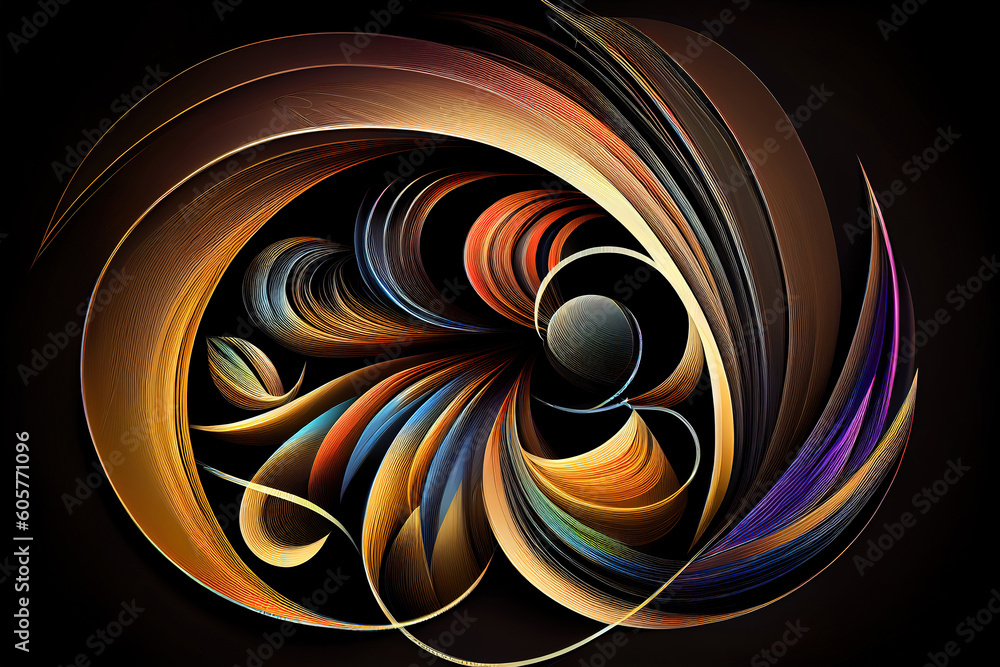 Poster colored abstract round curves and lines on black background. generative ai